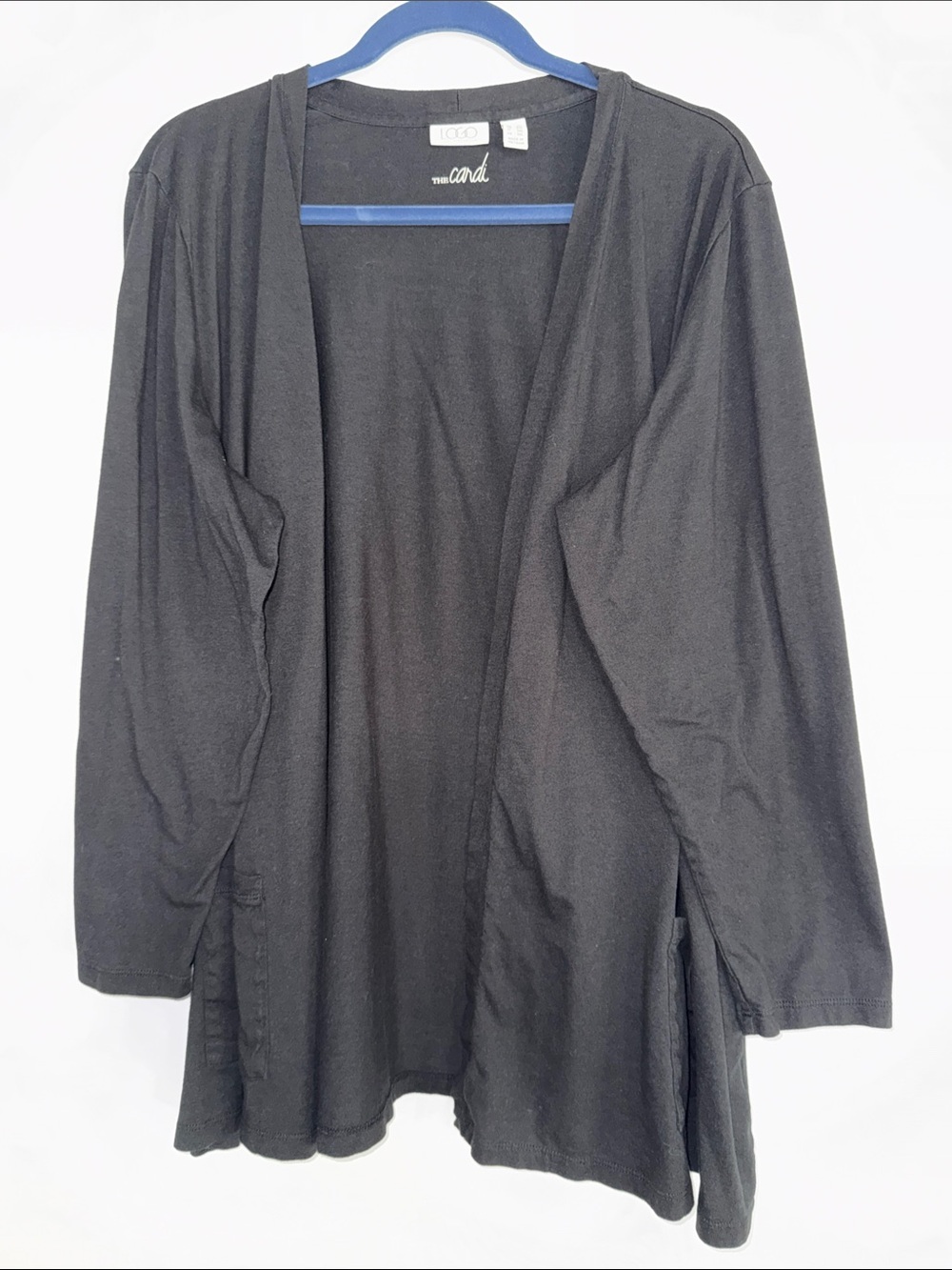 LOGO by Lori Goldstein Black Open Front Draped Cardigan with Long Sleeves